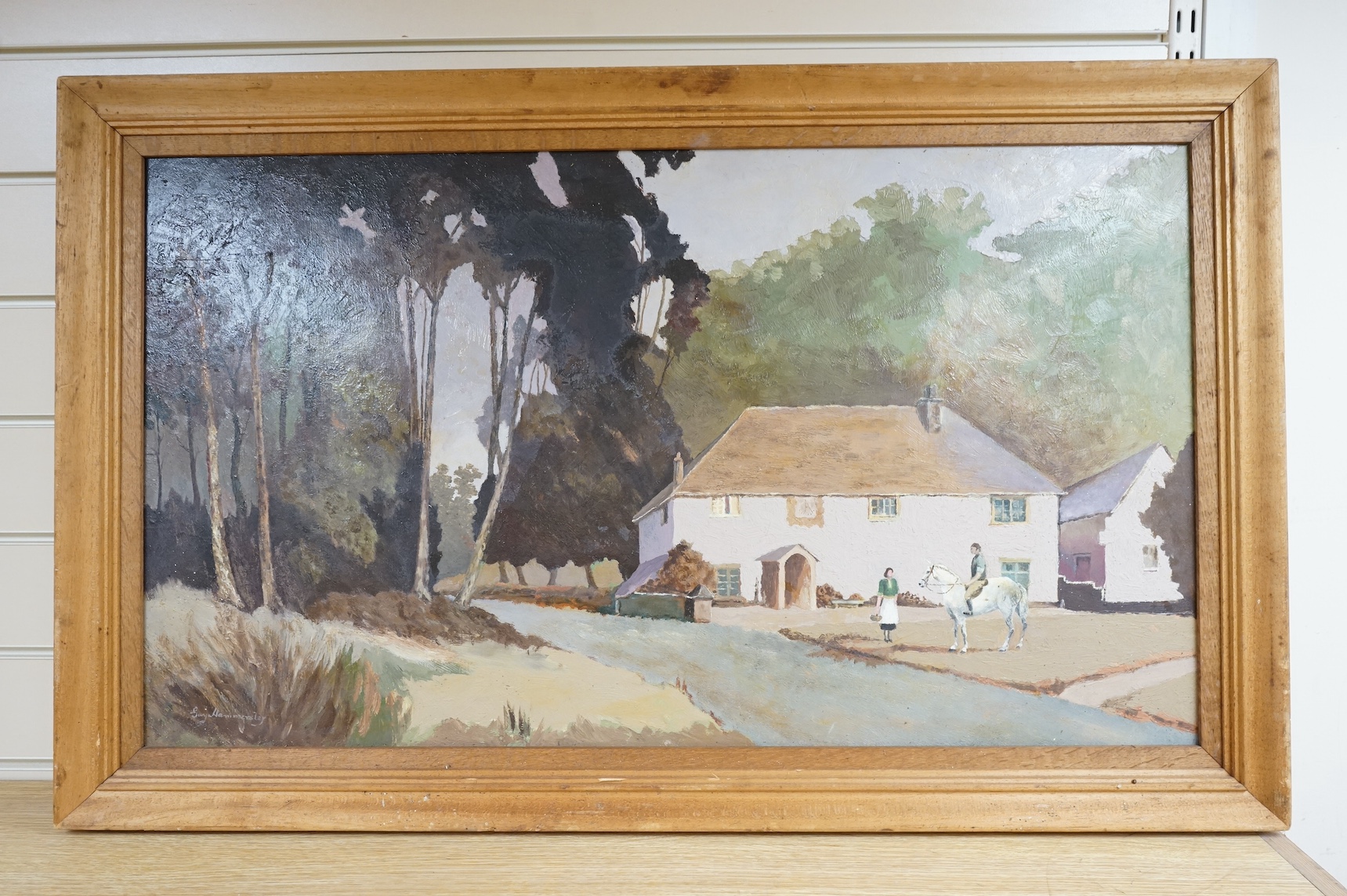 Guy Hammersley, oil on board, Figures before a cottage, signed, 45 x 62cm. Condition - fair, panel bowed